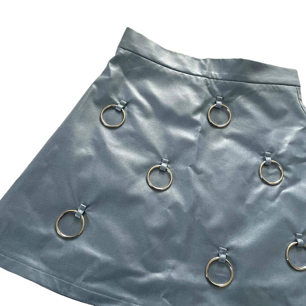 Vintage Y2K Secret Label Mini Skirt L Metallic Ice Blue Ring Detail Faux Leather